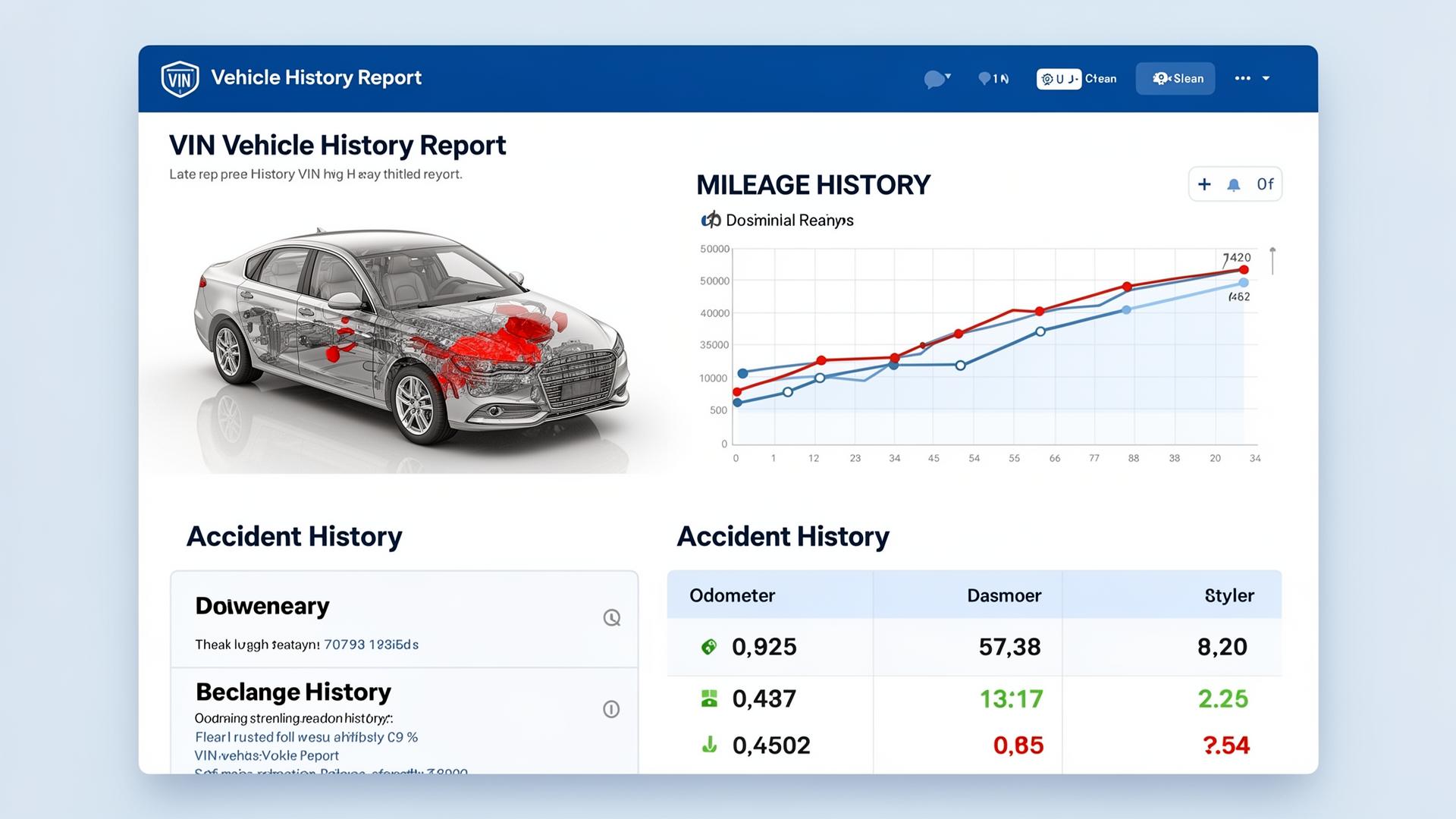 VIN Check dashboard showing vehicle history data analysis